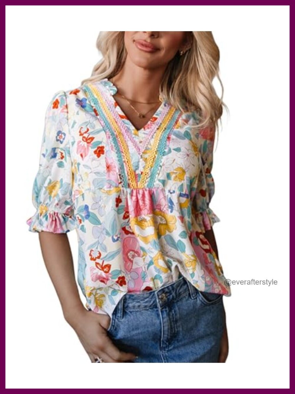 Pinclodly Floral Puff Sleeve V Neck Flowy Babydoll Blouse